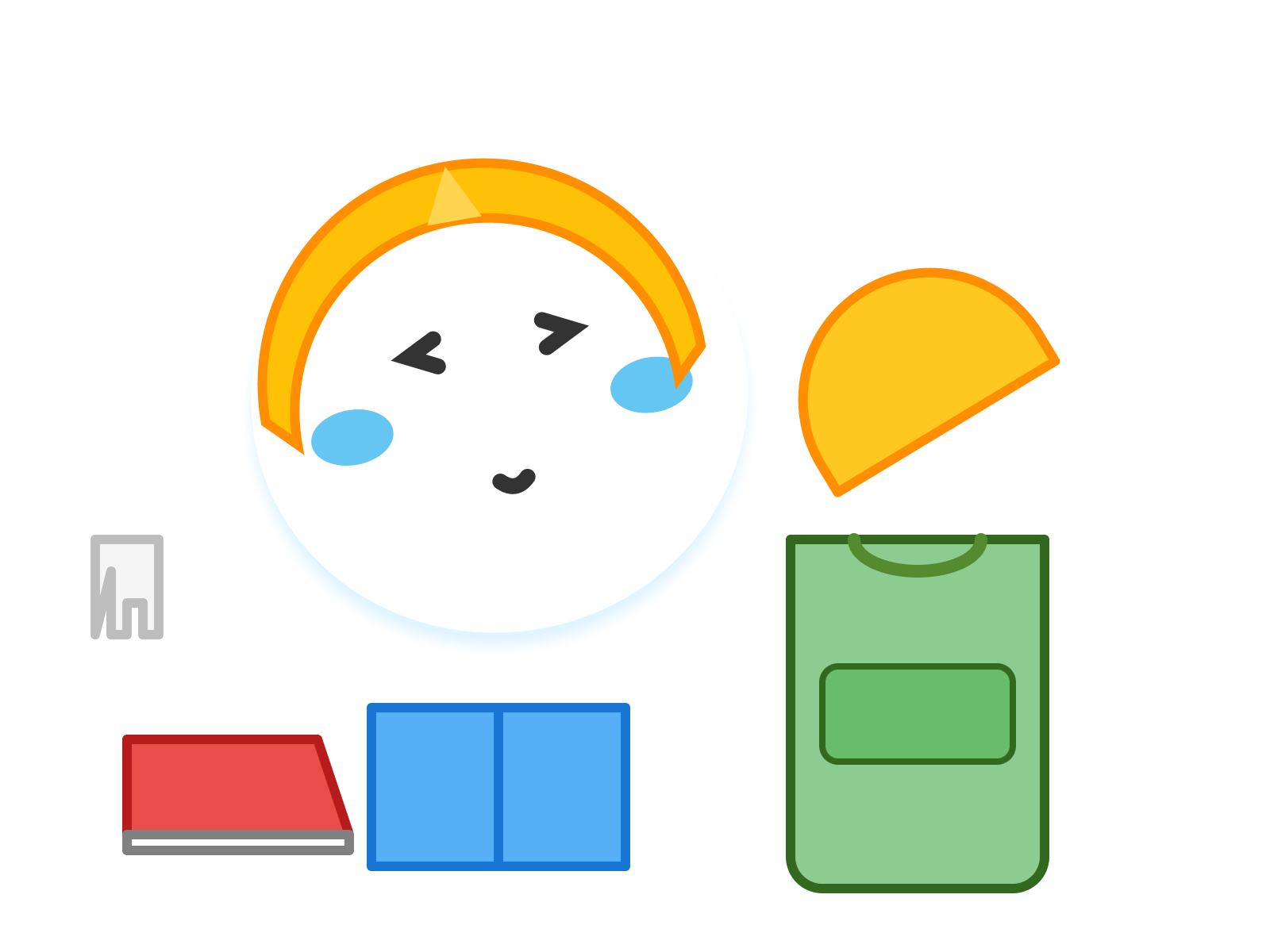 ヘルメット、長袖、長ズボン、軍手、リュック、スニーカーを身に着けた、避難スタイルの手本となるイラスト。