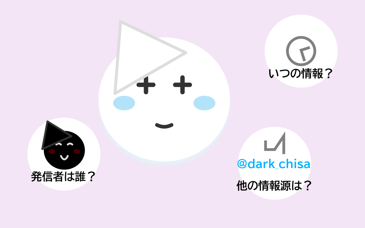 「発信者は誰？」「いつの情報？」「他の情報源は？」という3つのチェックポイントが描かれたイラスト