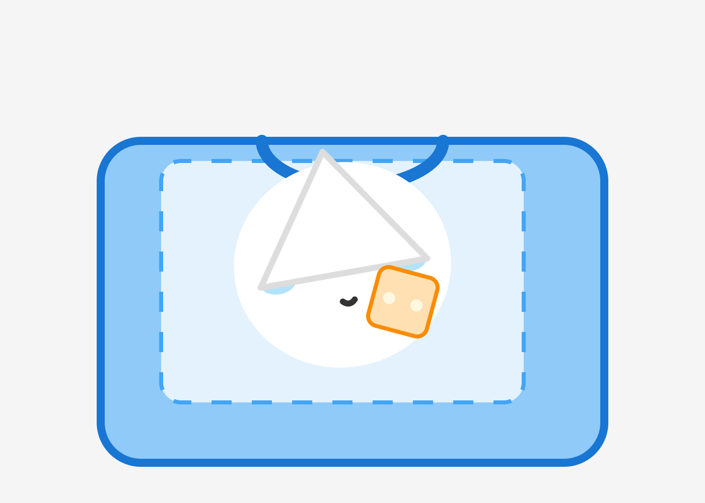 キャリーバッグの中で安心したように眠るミニちさまると、その横にお気に入りのおもちゃが置かれているイラスト