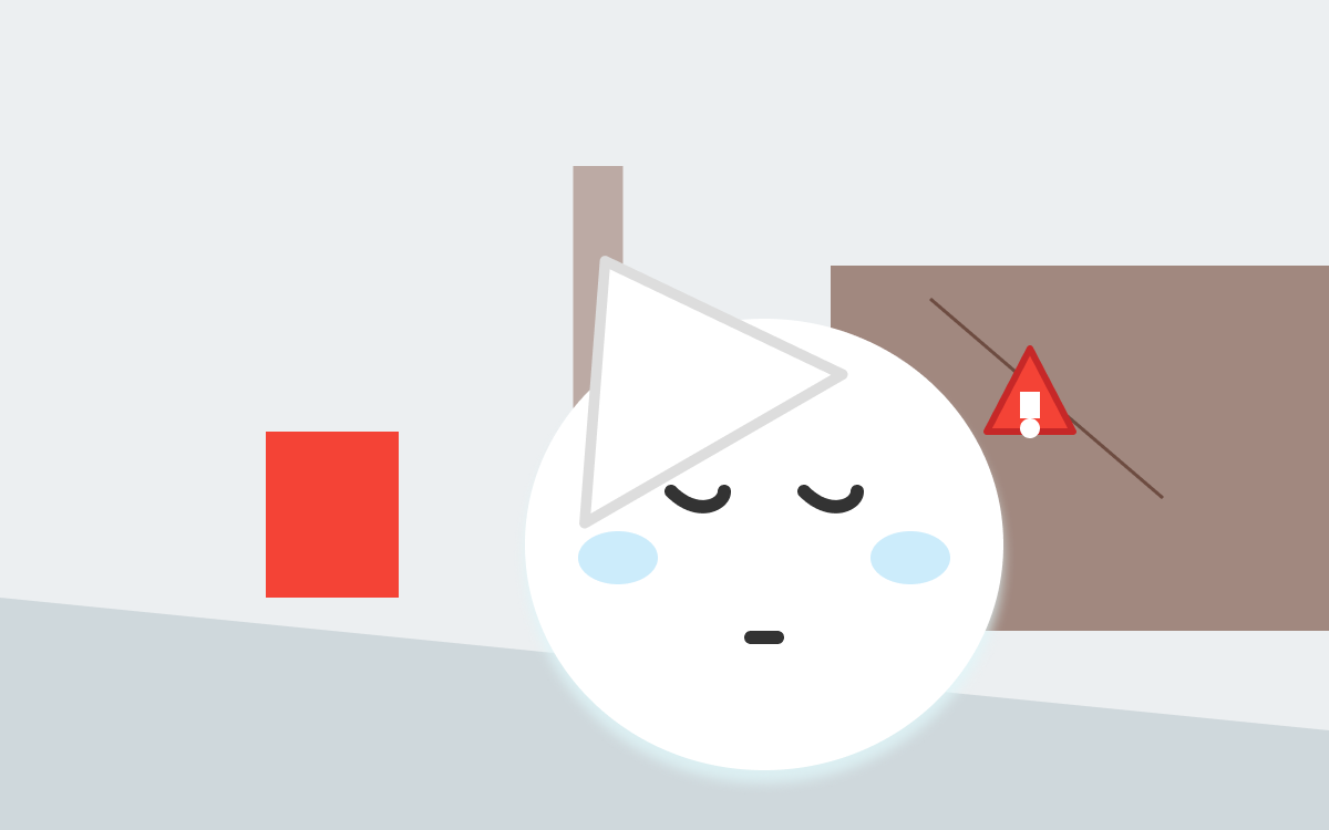 古いブロック塀、細い路地、電柱、自動販売機に「注意！」のマークがついている街角のイラスト